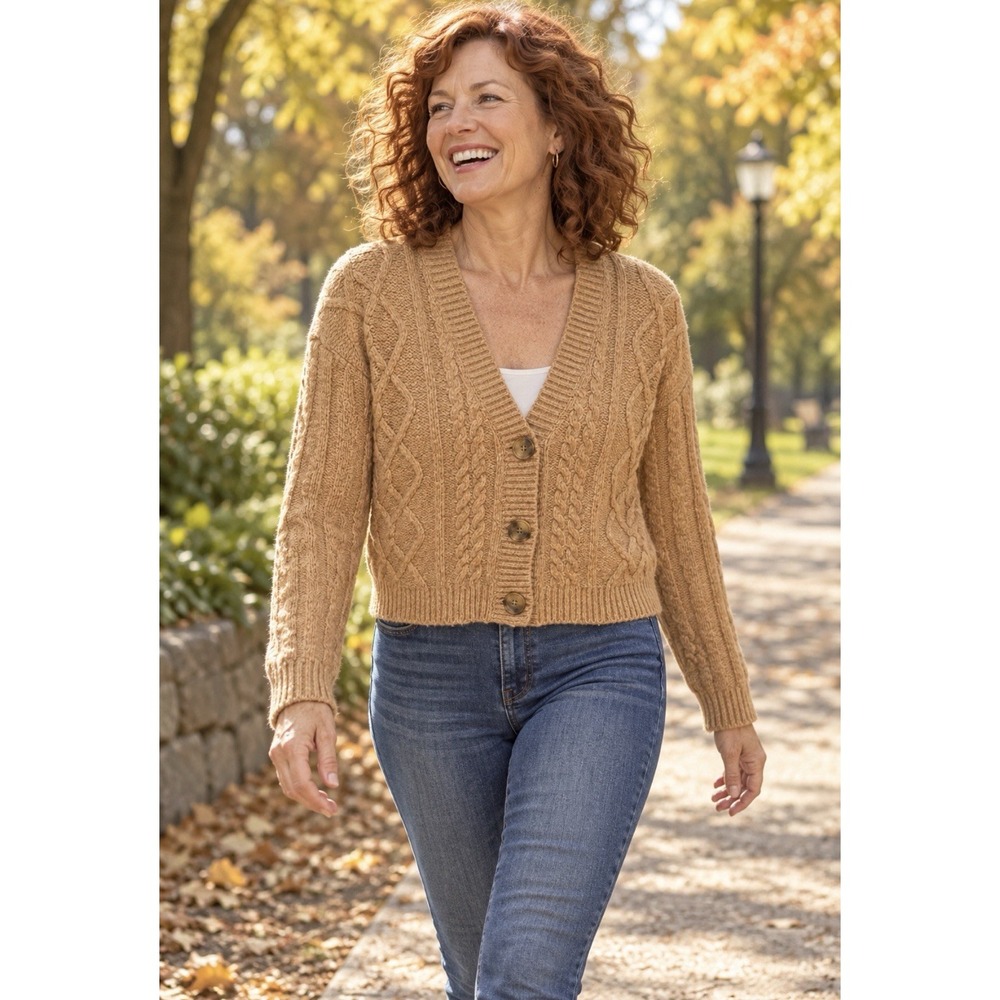 Lucky Brand Cable Knit Cardigan Beige Button Front Size L Soft Cozy Sweater